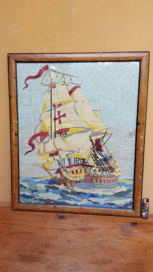 Beautiful, large old ship tapestry.