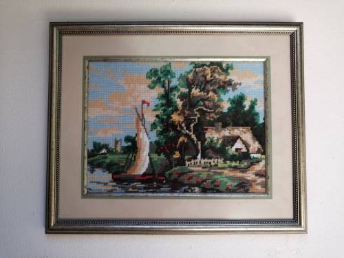 Beautiful sailing boat framed tapestry.