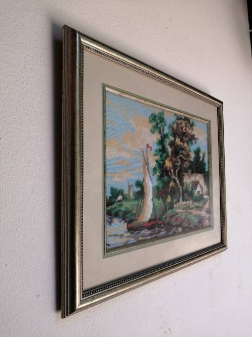 Beautiful sailing boat framed tapestry.