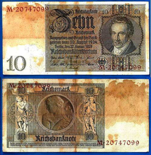 Germany 10 ReichsMark 1924 1929 Reichsbanknote Mark
