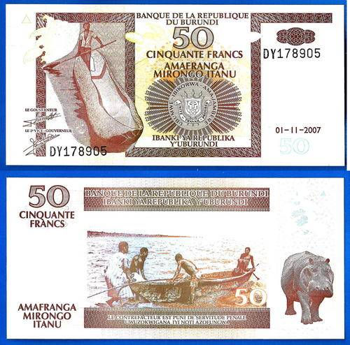 Burundi 50 Francs 2006 UNC Boat Animal Rhino Africa Banknote Frcs Frc