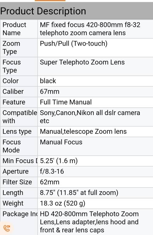 Manual lens 420mm-800mm for nikon Canon and Sony