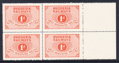 Rhodesia Railways 1d Newspaper Railage marginal B4 , MNH