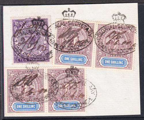 Cape of Good Hope 1873 QV £10 & 2 X 1s pairs used on piece       (BF 75,131 , CV £19)