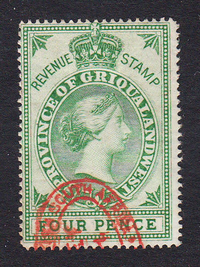 Griqualand West 1879 QV 4d green revenue , used    ( BF 61, CV £25)