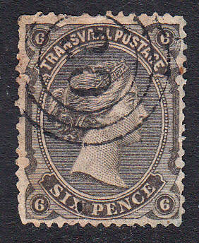 Transvaal 1878-80 QV 6d olive black , used             ( hole at bottom , SACC 163 , CV R150)