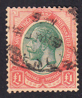 Union of South Africa 1913 KG V £1 green & red , used           (no gum , SACC 16, CV R5000)