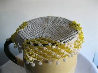 Vintage Beaded Milk Cosie with Yellow & White Beads
