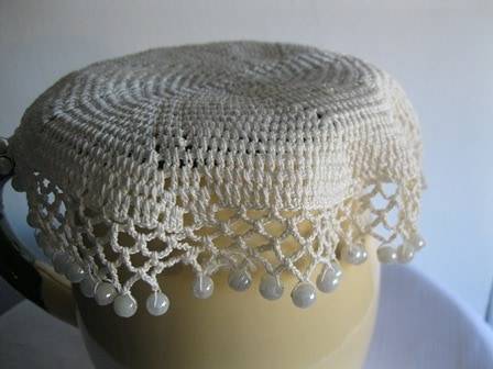 Vintage Beaded Milk Cosie with  White Beads