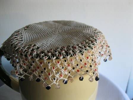 Vintage Beaded Milk Cosie with  Navy, Red & Glass Beads