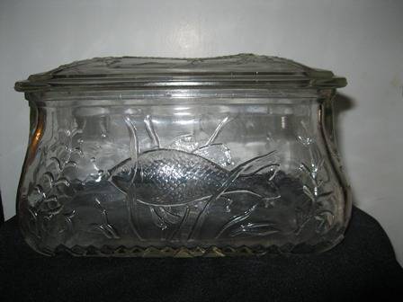 Large Oblong Glass Container with Lid Decorated with Raised Fish
