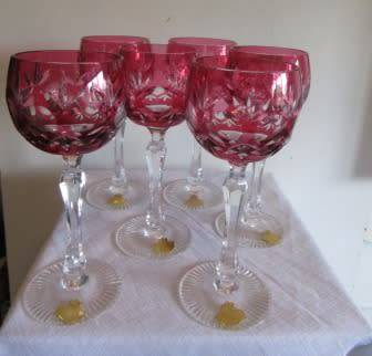 Cranberry Genuine Lead Crystal Set of  6 Wine Glasses Made in West Germany