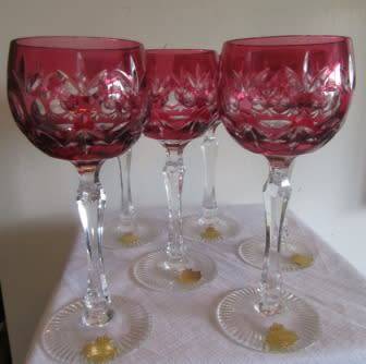 Cranberry Genuine Lead Crystal Set of  6 Wine Glasses Made in West Germany
