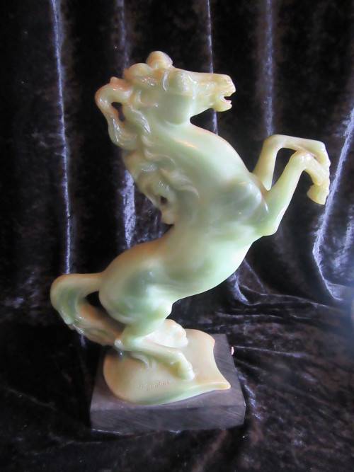 Signed A. Santini Rearing Horse Sculpture Green Jade In Colour