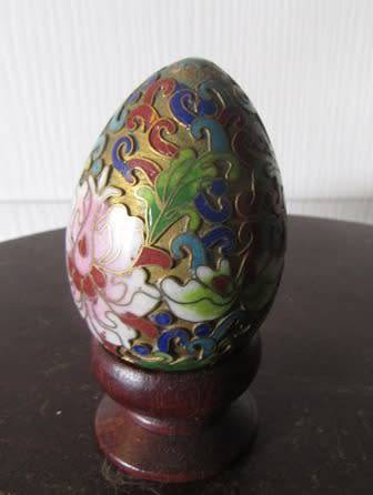 Chinese Cloisonne Egg on Wooden Stand