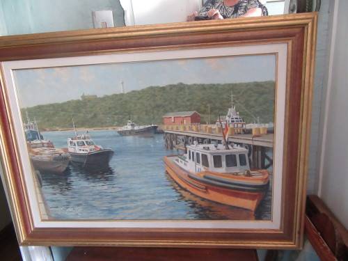 RA Campbell Painting From Durban Harbour Overlooking the Bluff Lighhouse Framed