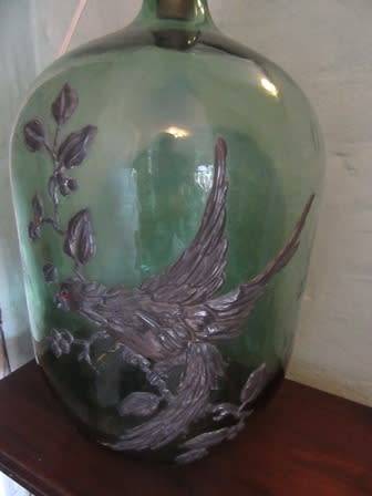 Vintage Green Glass  Bottle Lamp decorated with Pewter Bird