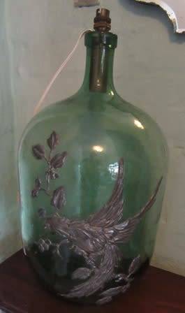 Vintage Green Glass  Bottle Lamp decorated with Pewter Bird