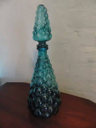 Vintage Teal Blue Genie Bottle With Bubble Design & Stopper