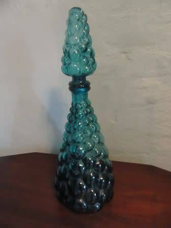 Vintage Teal Blue Genie Bottle With Bubble Design & Stopper