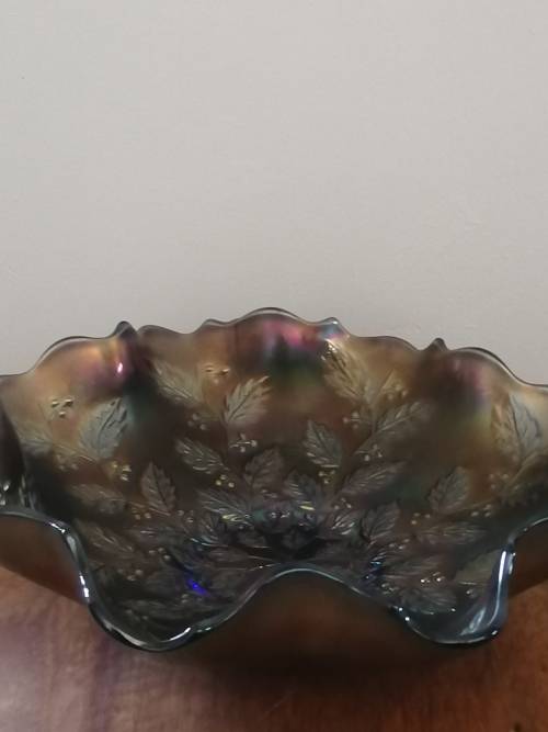 Fenton Carnival Glass Ruffled Bowl with Holly Design