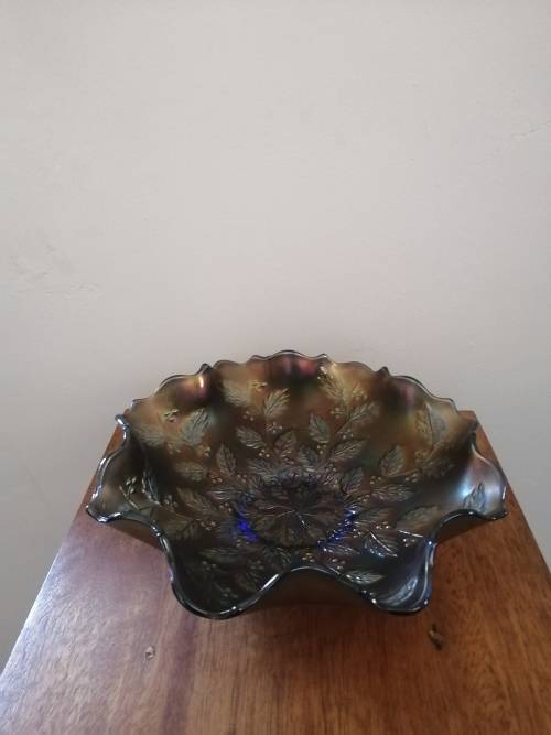 Fenton Carnival Glass Ruffled Bowl with Holly Design