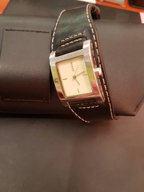 Ladies DKNY black leather strap watch