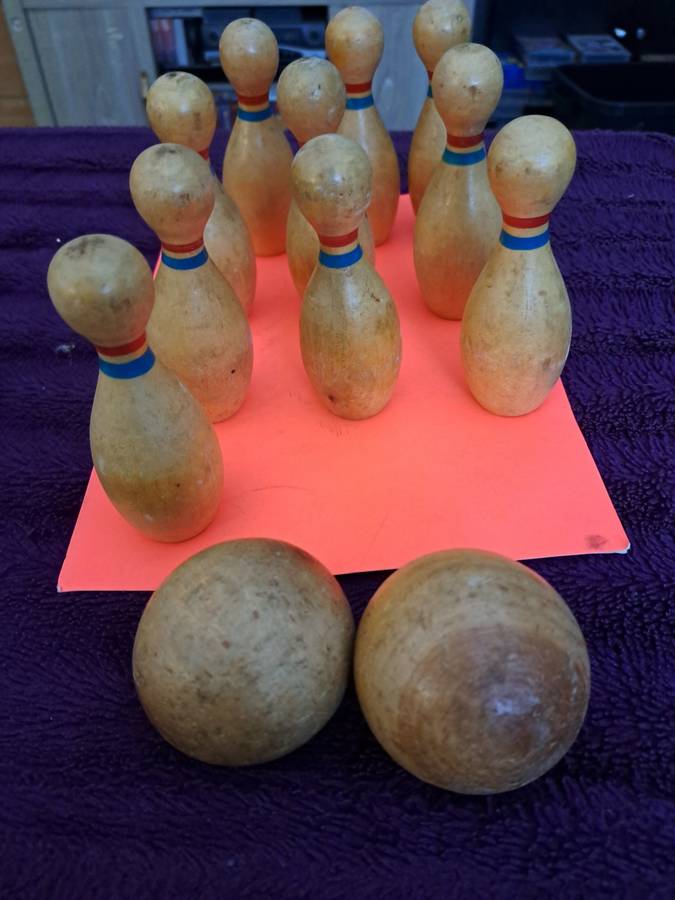 Vintage wooden Bowling pins and balls