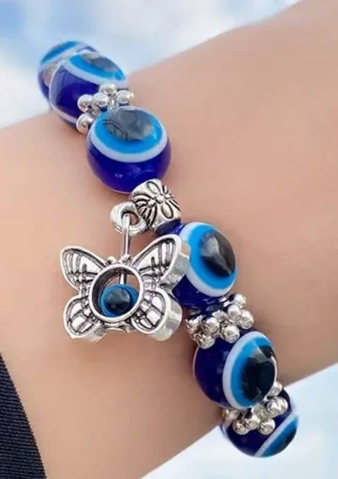 # Evil Eye Bead Beaded Bracelet With a Charm, Bohemian Style, Adjustable Stretch Jewelry