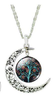 Flowering tree and quarter moon pendant and chain sterling silver plated