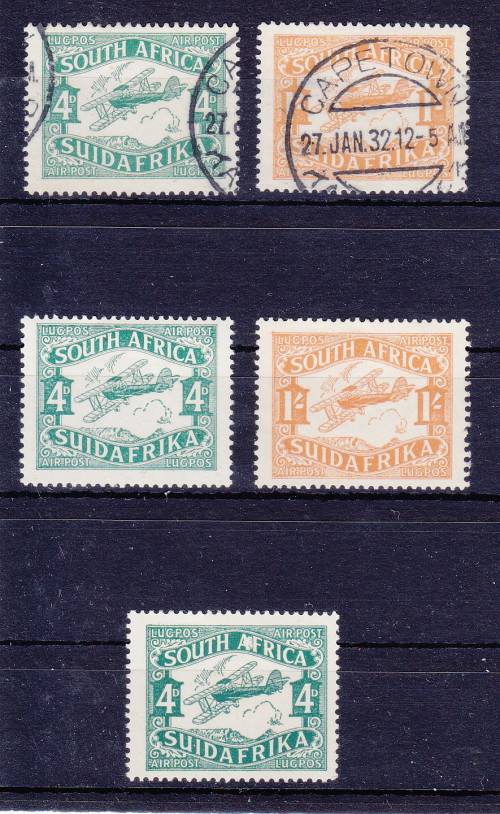 SOUTH AFRICA 1929 AIRMAIL ISSUE SG 40-41 MM AND USED PLUS VARIETY     CV R600