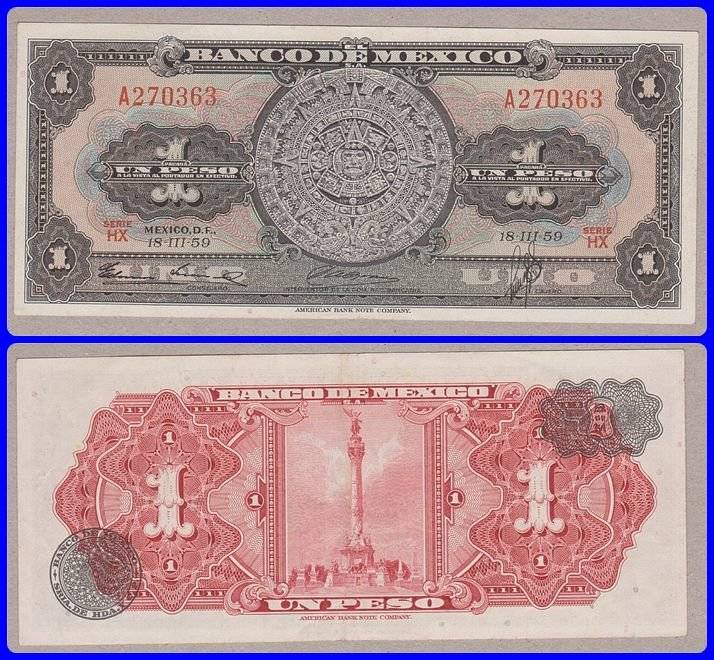 MEXICO - 1959 - 1 PESO - PIC# 59e - XF NOTE - SER# A270363