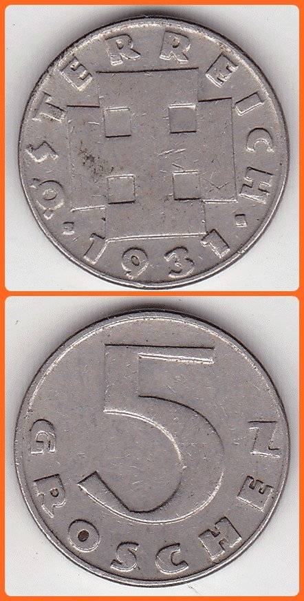 AUSTRIA - 1931 - 5 GROSCHEN - KM# 2846 - VF/XF COIN