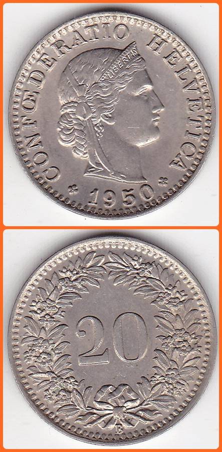 SWITZERLAND - 1950 B - 20 RAPPEN - KM# 29a