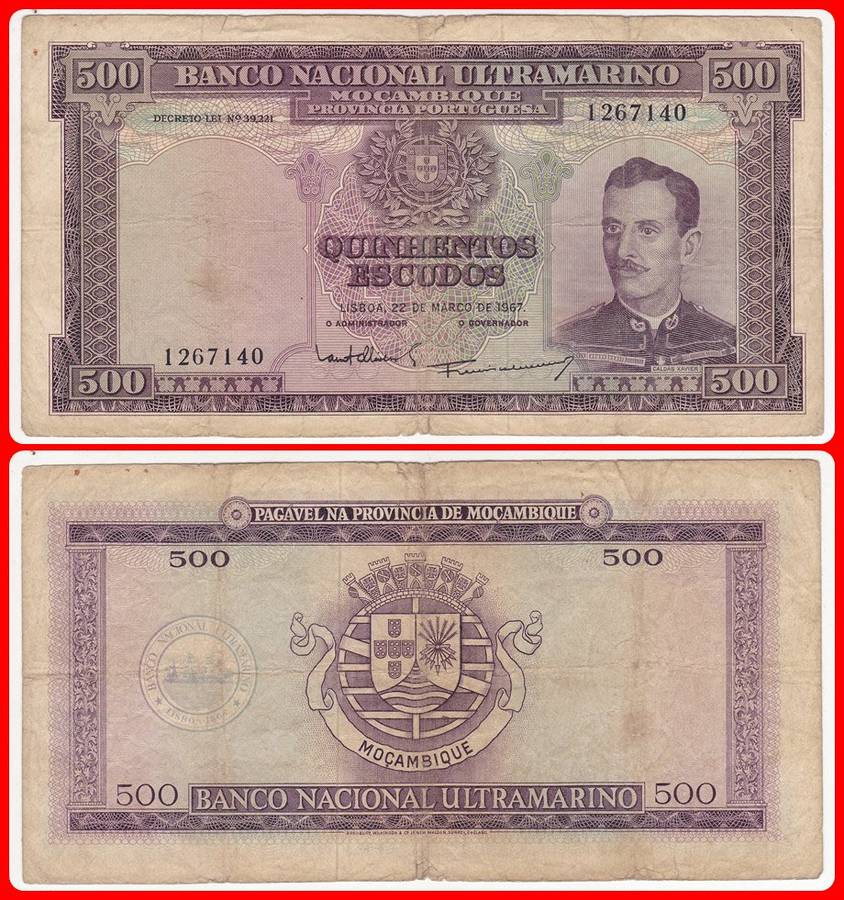 MOZAMBIQUE - 1967 - 500 ESCUDOS - PIC# 110 - VG NOTE - SER# 1267140