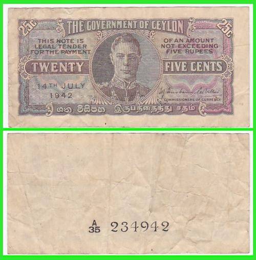 CEYLON - 1942 2nd - 25 CENTS - PIC 44a - F/VF NOTE - (A35..) - Colonial King George VII