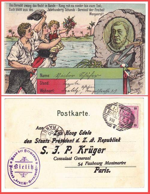 French sympathy postcard addresed  PAUL KRUGER on 15.12.1900