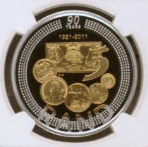 Featuring ***  Mr Nelson Mandela *** 2011 SARB 90th Anniversary Silver R5 Bi-Colour Crown NGC PF70