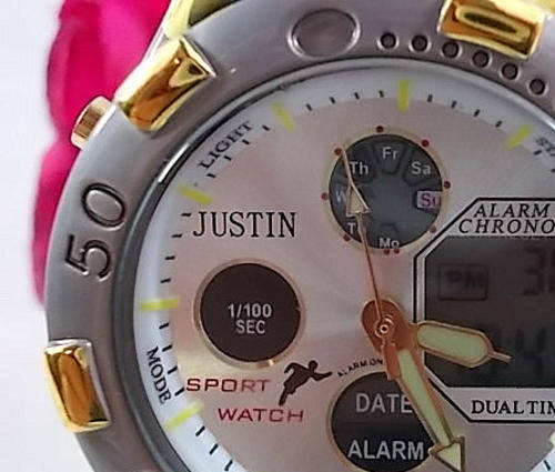 -GENTS DAY AND DATE DUAL TIME CHRONOGRAPH  METAL SPORT WATCH-TWO TONE-** CHRONOGRAPH **