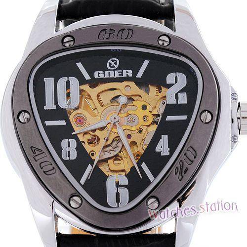 ***New GOER  Skeleton Black Leather Wrist Mechanical Men's Watch Classic Triangle  HQ