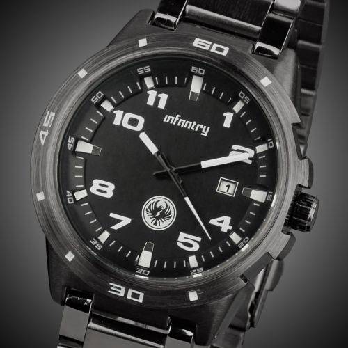 ***INFANTRY Mens Quartz Date Wrist Watch Military Black Gunmetal Stainless Steel UK