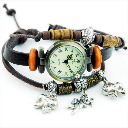 -Fashion SILVER Quartz Weave WRAP Around Leather Bracelet Lady Woman Wrist Watch**