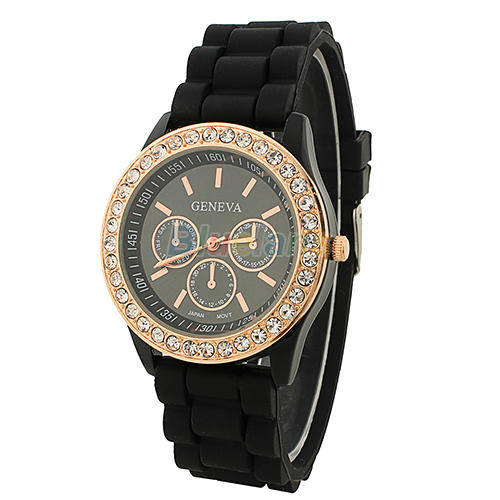 **- LADIES ~NEW GENEVA~BLACK & ROSEGOLD QUARTZ WATCH**SILICONE STRAP