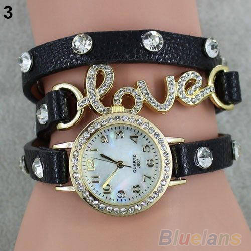 -WONDERFUL GIRL~ LOVE~ CZ DIAL BLACK  WRAP AROUND LEATHER BRACELET WRIST WATCH B89K**