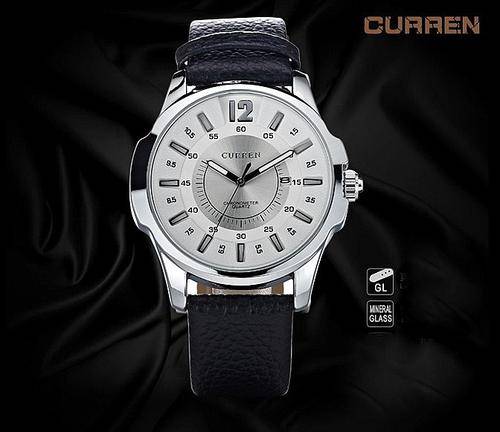 ***Luxury Curren Mens Leather Silver Quartz Calendar Analog Dial Wrist Watch B92U