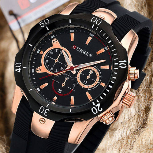*** CURREN **MENS  HIGH QUALITY GOLD CASE STEEL  WATCH**SILICON STRAP