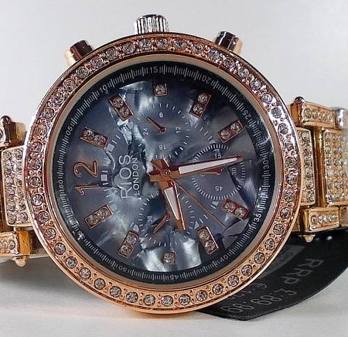 *** RI0S LONDON EXQUISITE  Czech DIAMANTE LADIES BLACK PREMIUM MARBLE FACE ROSE GOLD WATCH