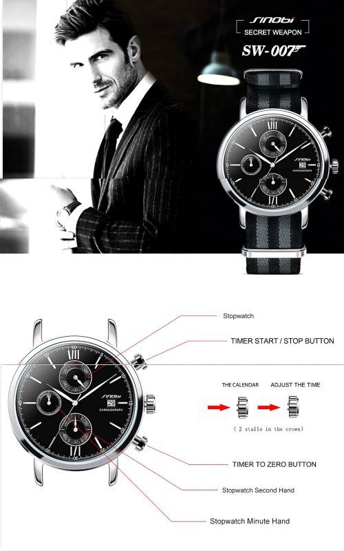 --***NEW SINOBI ELEGANT 6 HAND CHRONOGRAPG MENS NATO STRAP WATCH