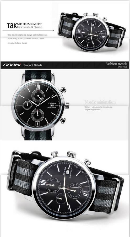 --***NEW SINOBI ELEGANT 6 HAND CHRONOGRAPG MENS NATO STRAP WATCH