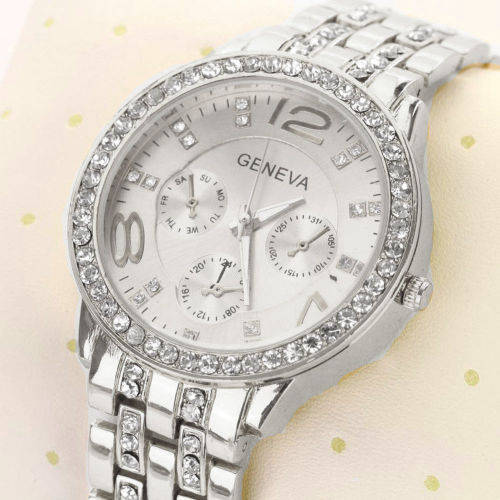 --********LADIES GENEVA FULL BLING SILVER DESIGNER STYLE  STAINLESS STEEL QUARTZ WATCH**